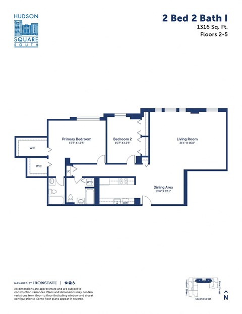 Floor plan for 2 beds, 2 baths, 1316 sqft